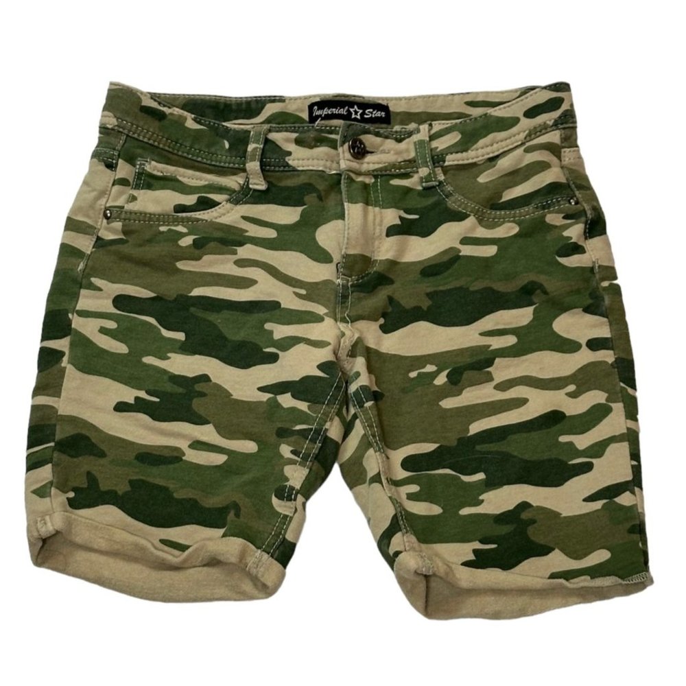 Imperial Star Shorts Girls Size 14 Green Khaki Camo Stretch Cut Off Flat Front